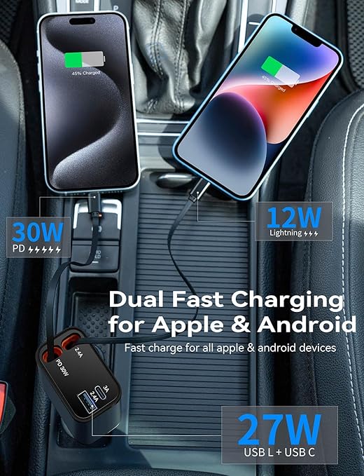 2Pack 4 in 1 Retractable Car Charger, 69W USB C Car Accessories Adapter for iPhone 17 USB C Charger Fast Charging,Truck Accessories,Travel Essentials Gifts for Women Men, for iPhone 16 15 14, Galaxy