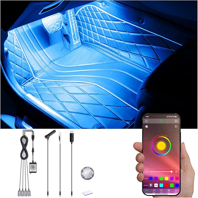 Car Ambient Lighting Kit Bluetooth App Control 64 Colors Multicoloured Music Interior Footwell Lighting Kit 12V