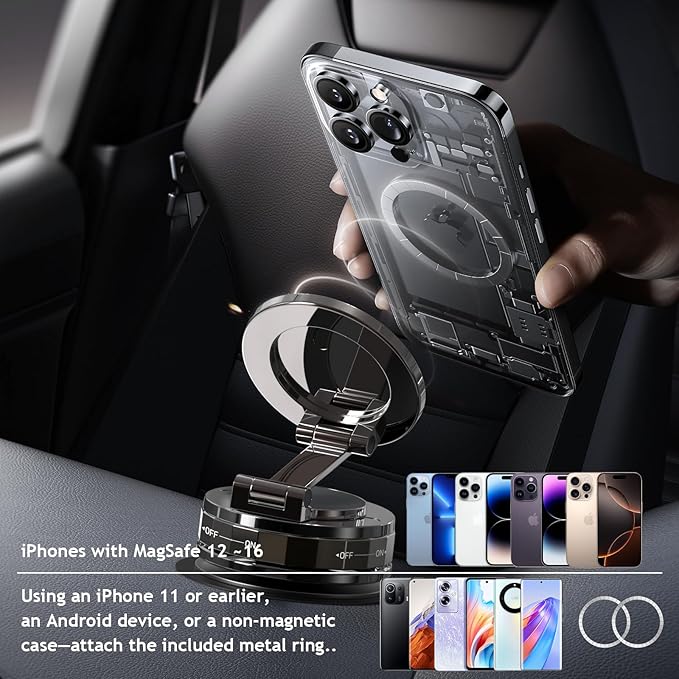Phone Holders for Your car, Car Phone Holder for Magsafe[Upgraded Suction & Magnetic], 360° Adjustable Magnetic Car Phone Mount Compatible with iPhone & Android, Carbon Fiber Deep Brown