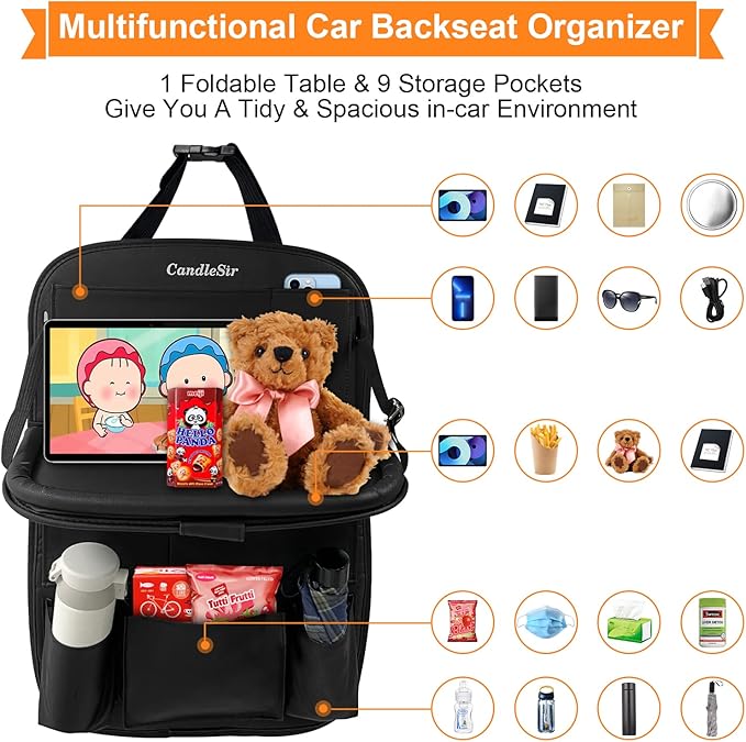 Luxury PU Leather Car Organizer with Foldable Tablet Tray, 9 Storage Pockets for Back Seat