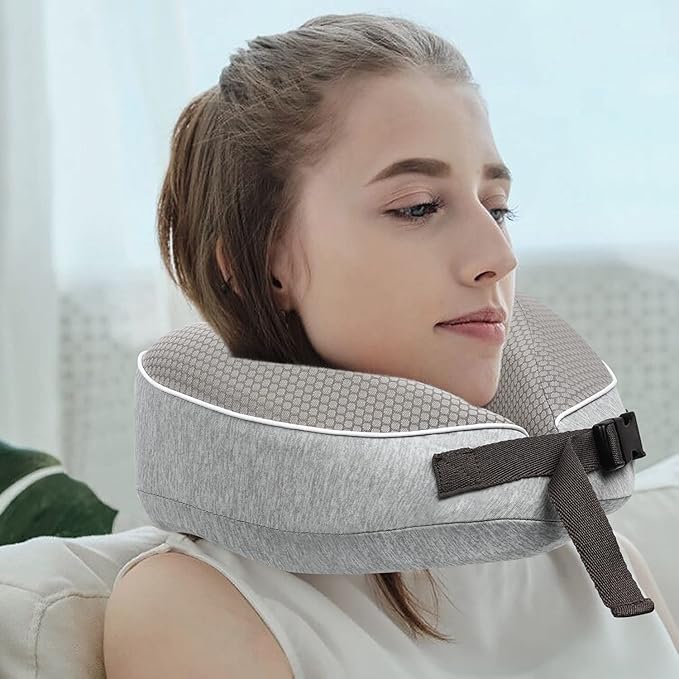 Travel Pillow for Airplane Memory Foam - Neck Support Travel Pillows for Sleeping, Traveling, Car, Home - Adult Flight Pillow Kit with Sleep Mask, Earplugs, Breathable Cover Machine Washable, Gray