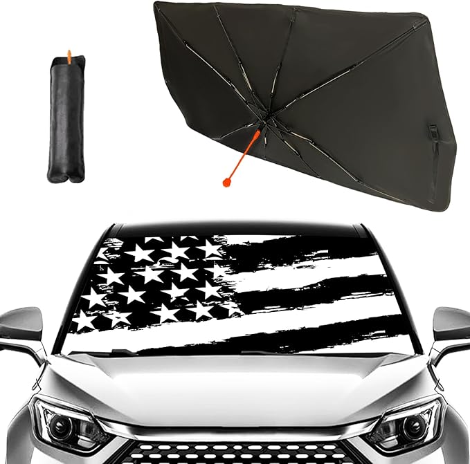 Socira American Flag Car Windshield Sunshade Umbrella Foldable Black Umbrella Sun Shade Cover Patriotic Sunshade Front Window Cover Interior Blocks Uv Rays Keeps Cool (57" X 30")