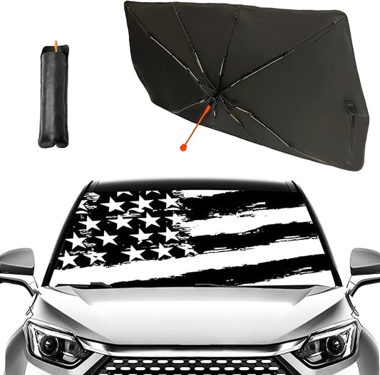 Socira American Flag Car Windshield Sunshade Umbrella Foldable Black Umbrella Sun Shade Cover Patriotic Sunshade Front Window Cover Interior Blocks Uv Rays Keeps Cool (57" X 30")