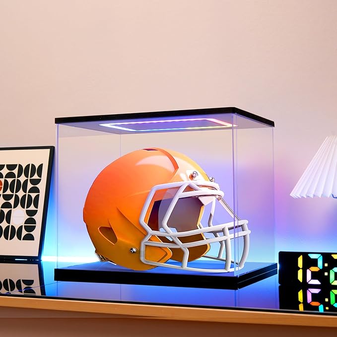Football Helmet Display Case with Light, Multiple Color Lights Dustproof Protection Helmet Showcase for Collectibles Memorabilia Storage（15×11×12inch）
