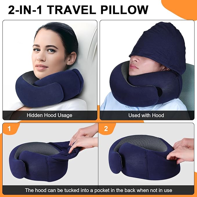 Travel Pillow - Hooded Neck Pillow Airplane Memory Foam Filling for Plane, Office, Cars Sleeping, Road Trip, Long Flights, Airplane Travel Essentials, Includes Eye Mask & Earplugs (Navy)