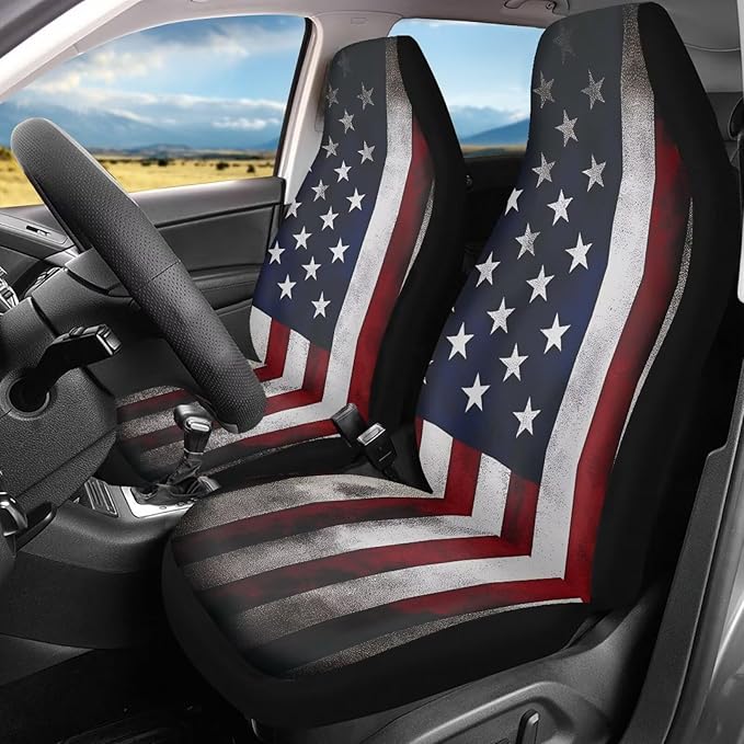 ELEQIN Vintage US Flag Print Car Seat Covers Two Front Only for Car, Automotive Interior Covers, Airbag Compatible, Quick Setup Universal Fit Seat Covers for Car, Truck, SUV
