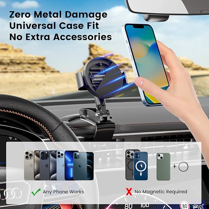 Phone Clamp for Magnetic Car Phone Holder, Aviation Aluminum Black - No Magnetic Case & Rings Needed, Enhanced Suction & Magnetic, Compatible with All Magnetic Holders