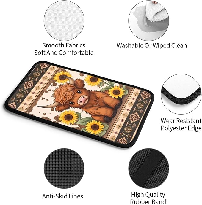 Universal Car Center Console Cushion Pad, Cute Highland Cow Sunflower Soft Waterproof Car Center Console Cover Auto Armrest Seat Box Cover Protector for Most Vehicle SUV Truck Car