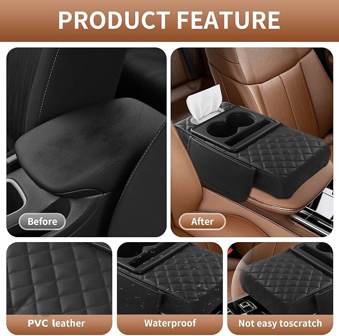 5-in-1 Center Console Cover for Car, Universal Armrest Cover Cushion, Upgrade Arm Rest Cover for Car with Cup Holder & Storage, PVC Leather Armrest Pad with Phone Slot & Tissue Holder, Black