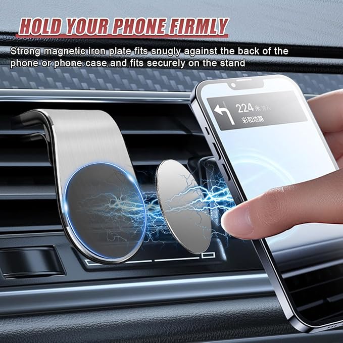 YoRise Magnetic Car Phone Holder, L Type 360° Rotatable Adjustable Car Air Vent Cellphone Mount, No-Hand Clip-On Navigation Bracket, Universal Vehicle Smartphones Stand Accessories (Silver)