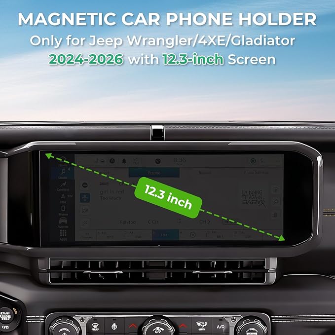 Car Phone Holder for Jeep Wrangler/Gladiator 2026 2025 2024 (Only for 12.3-Inch Screen) 360° Rotation Magnetic Cell Phone Mount, Compatible with Magsafe, Does Not Affect Air Vent