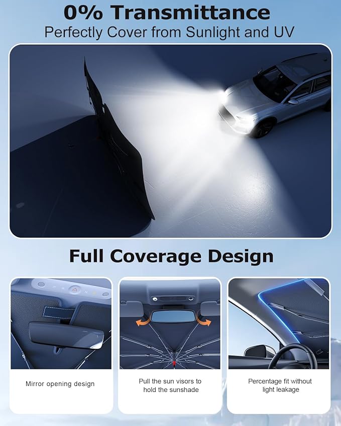 DMJN Umbrella Windshield Sun Shade - Medium, Car Sunshade for Front Windshield [Nano Ice-Crystal Coatings] UPF50+ Heat & UV Block, Protect Interior & Keep Cooler Universal for Car, SUV, Truck