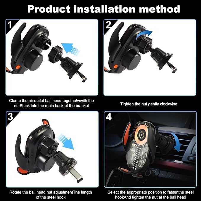 15W Car Phone Holder Wireless Charger - Auto Sensing Clamping 3-Axis Adjustable 360° Rotation Fast Charging Phone Holders for Your Car Vent Clip Slim Design with Unisex for iPhone Android Samsung