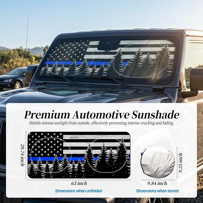 63"x28.5" Car Windshield Sun Shade with Storage Pouch, Stylish Printed Front Window Sunshade with Double Ring Frame, Universal Fit Foldable Heat Blocker & UV Protector for SUV, Sedan (Blue Line Flag)