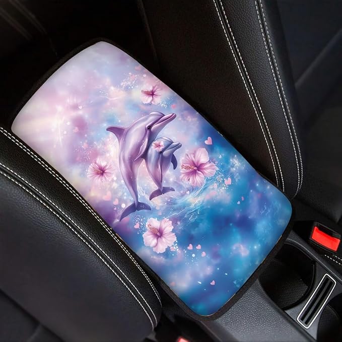 Suobstales Dolphin Hibiscus Print Car Armrest Pad Soft Center Console Arm Rest Protector Cover Universal Car Interior Accessories Decoration