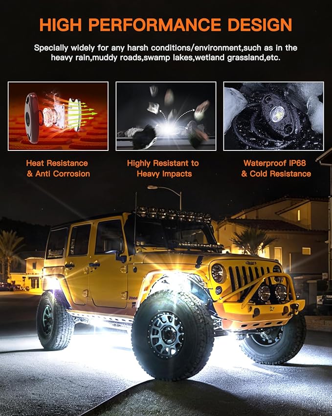 White Rock Lights,LEDMIRCY R1 LED Rock Lights Kit with Toggle Switch Wiring Harness 12PCS Luces para Carro for Trucks ATV UTV Golf Cart Under Glow Light High Power IP68 Waterproof