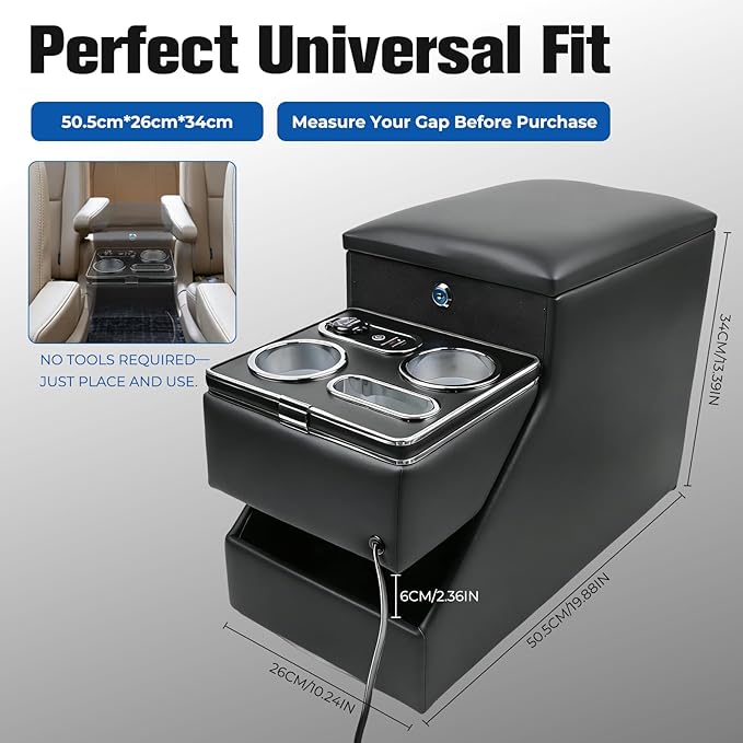 Center Console Organizer for Minivans, SUVs & Middle Van Seats - Floor-Mounted Lockable Storage Box with Dual Cup Holders & 7-Color Ambient Light, Ideal for Vehicle Interior