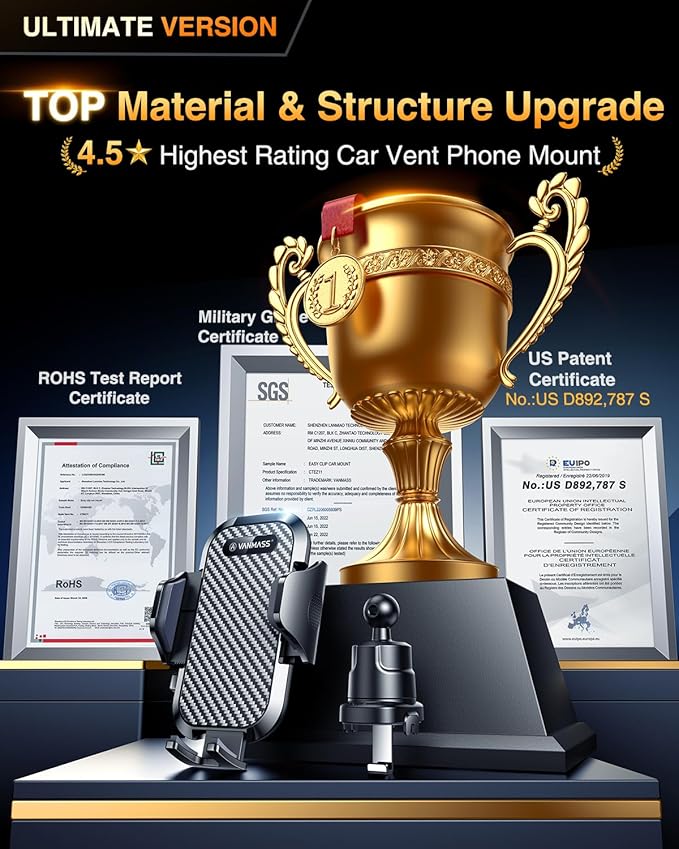 VANMASS 2026 Phone Holders for Your Car Ultimate Military-Grade Car Phone Holder Mount【Patent & Safety Certs】Upgraded Shockproof Truck Air Vent Phone Mount for iPhone 17 Pro Max 16 15 Samsung Android