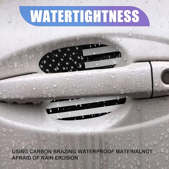 4 PCS Car Door Handle Protector, 3.7" x 3.3" American Flag Car Door Handle Anti-Scratch Sticker, Door Side Paint Protection Waterproof Anti-Shedding Decals, Universal for Automotive (Black)