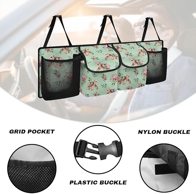 Sea Turtle Flower Car Trunk Organizer, Backseat Hanging Large Storage with Adjustable Straps & 4 Pockets, Waterproof Cargo Bag, Car Interior Accessories