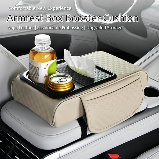 Car Center Console Armrest Pad, Arm Rest Box Cushion with Ergonomic Height Boost, Storage Pockets, Built-in Tissue Box, Cupholder, Fit for Most Sedan Vehicles (Embossing Checkerboard, Black-Red)