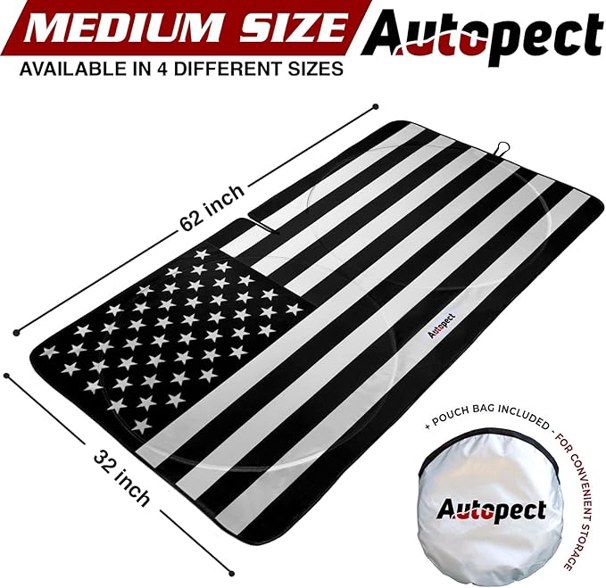 Windshield Sun Shade - American Flag Design, High-Resolution Sun Visor for Car, Truck, SUV with Mirror Cut-Out for Interior Sun Protection, Foldable Car Sun Shade (Black and White, Medium)