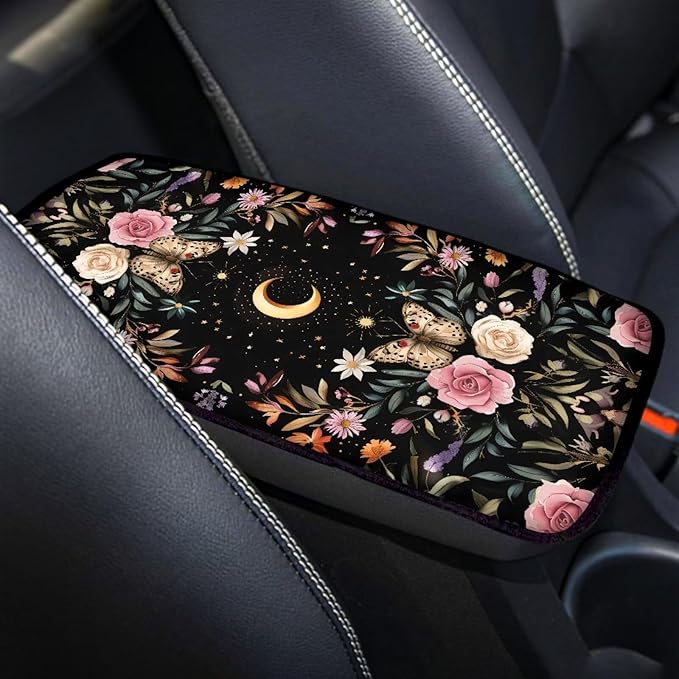 Butterfly Floral Car Center Console Armrest Cover Pad, Easy to Install Automobile Armrest Covers for Trucks Van SUV
