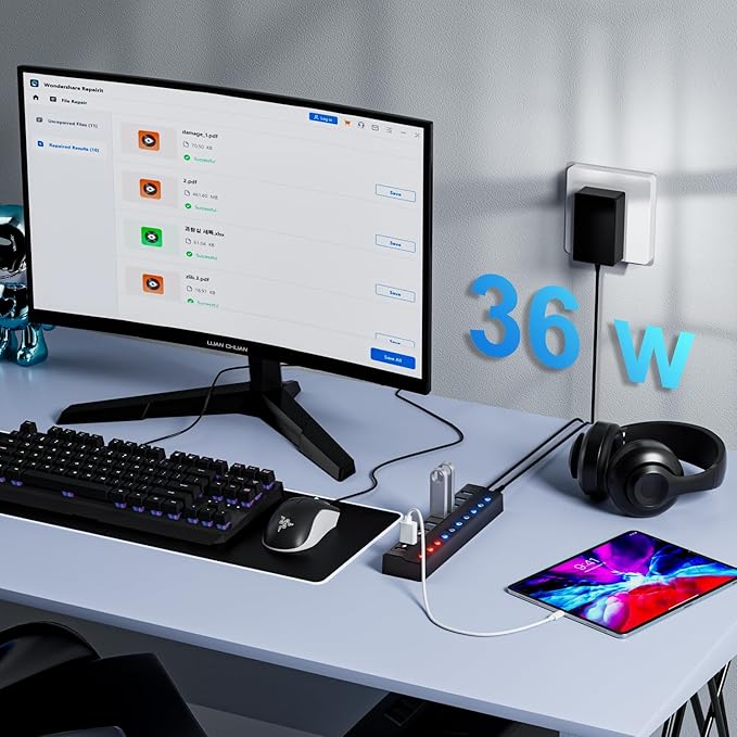 ONFINIO Powered USB Hub, 10-Port USB Splitter Hub (7 Faster Data Transfer Ports+ 3 Smart Charging Port) with Individual LED On/Off Switches and 12V/3A Power Adapter USB Extension for Mac, PC and More