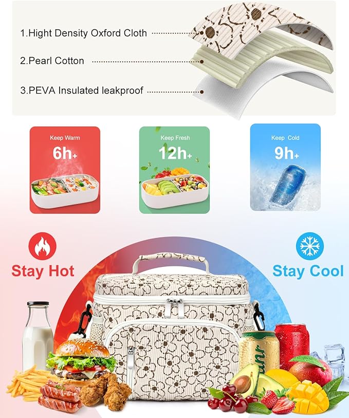 Insulated Lunch Bag for Men & Women, 9L Leakproof Lunch Box Soft Cooler Tote with 5 Pockets, 600D Oxford, EVA Lining, Adjustable Strap for Work, Picnic, Beach&Travel-Corduroy Small Flower