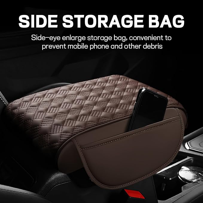 Car Armrest Cushion, 12.2"×8.3" Leather Auto Memory Foam Center Console Pad with Storage Pocket, Waterproof & Anti-Scratch Elbow Pillow Armrest Seat Box Protector, Universal Fit (Coffee)