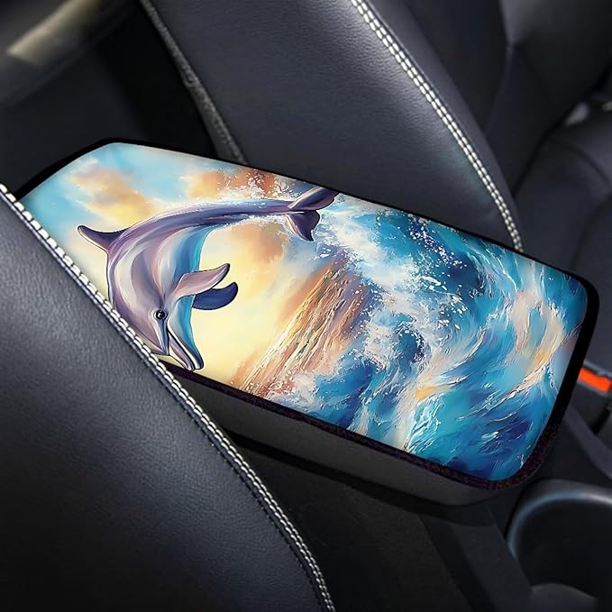 Suobstales Dolphin Sea Wave Sunset Print Car Armrest Pad Soft Center Console Arm Rest Protector Cover Universal Car Interior Accessories Decoration