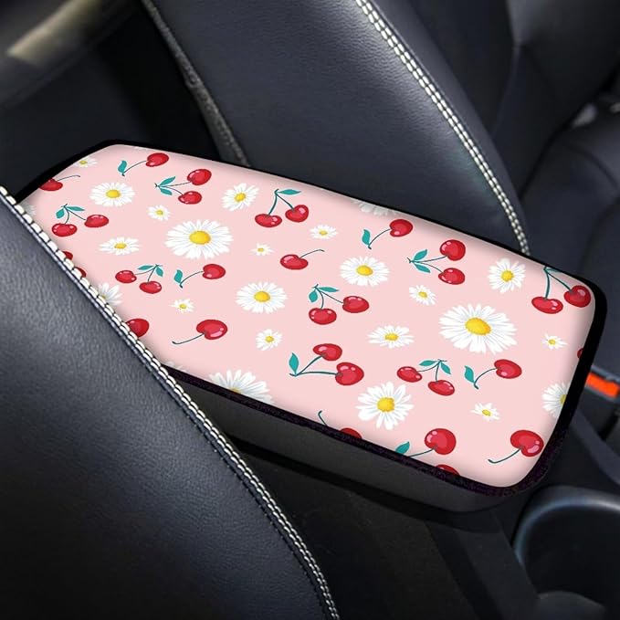 Dreaweet Car Armrest Cover Pink Center Console Cover Cute Cherry Car Accessories for Women Girly,Universal Auto Center Console Cover Pad for Cars SUV Trucks Sedan Soft Comfortable