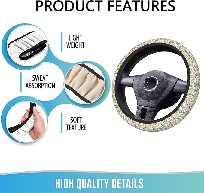 Elastic Steering Wheel Cover Car Accessories Cute Universal 15 Inch Absorbing Sweat Non-Slip Breathable for Woman - Green Floral