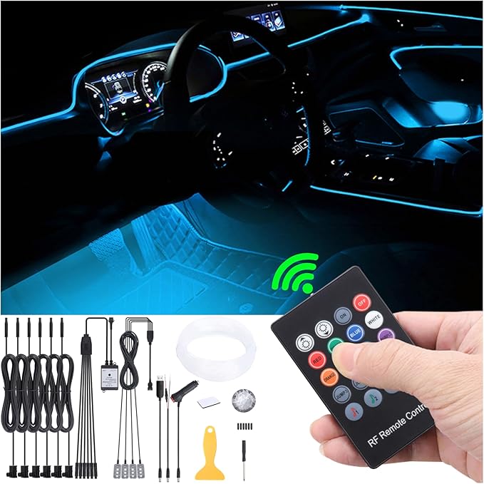 8 m Optic Fiber Car Ambient Lighting Kit RF Remote Control 64 Colors Multicoloured Music Interior Footwell Lighting Kit 12V 1W