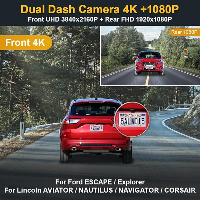 Fitcamx 4K Front and 1080P Rear Dash Cam Compatible with Ford Escape Explorer & Lincoln Aviator Nautilus Navigator Corsair, OEM Factory Look, Built-in WiFi, Dual Loop Recording, G-Sensor, 128GB Card