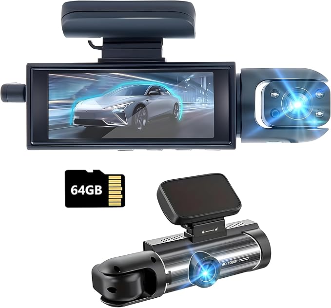 Dash Cam Front and Inside,Dashcams for Cars with 64G Card Traffic Recorder IR Night Vision Loop Recording G-Sensor 24Hr Parking Traffic Recorder(Front/Inside+64G)