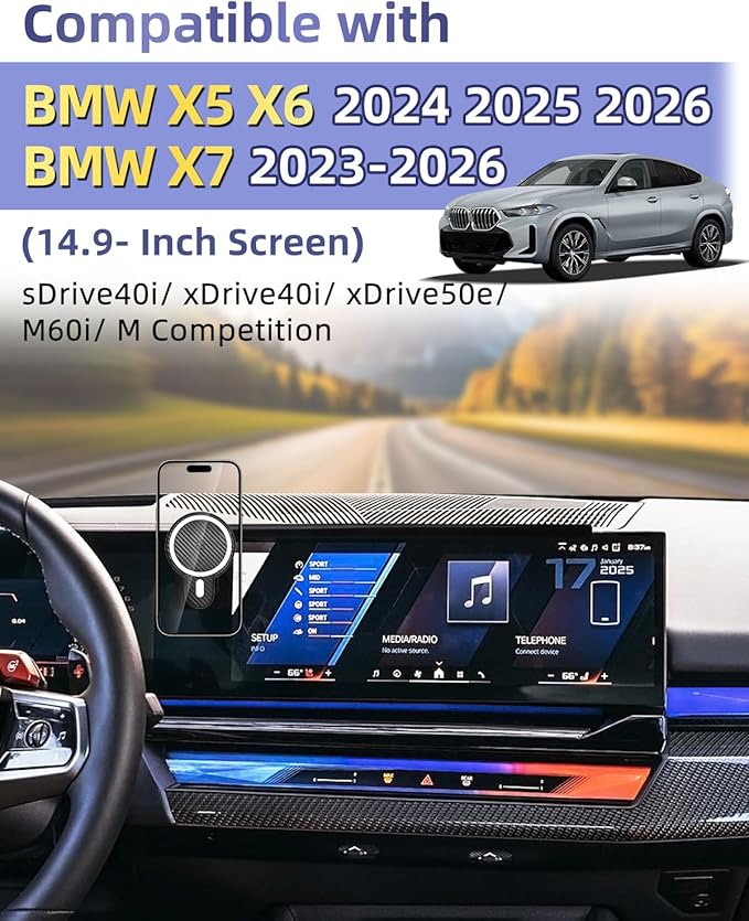 PZK Car Phone Mount for BMW X5 X6 2024 2025 2026 & BMW X7 2023-2026 Accessories Custom 14.9-inch Screen Magnetic 15W Fast Wireless Charger Car Phone Holder with Storage Box Not Affect Air Vent