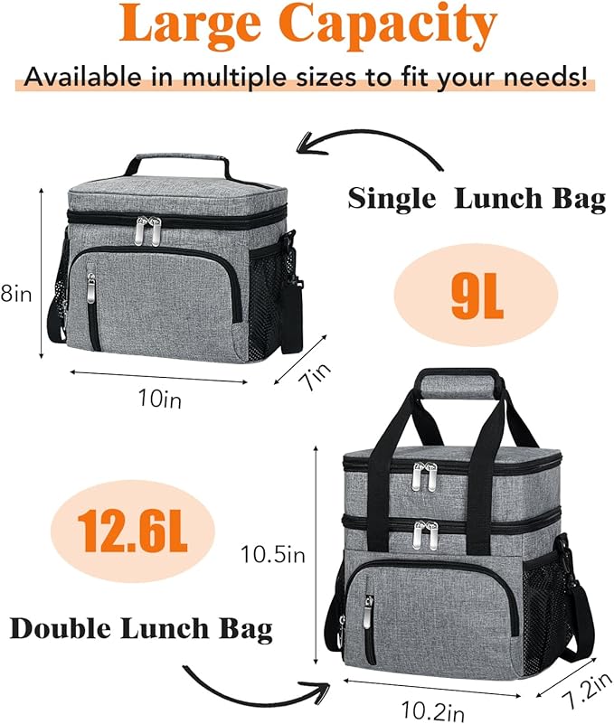 Insulated Lunch Bag for Men & Women, 9L Leakproof Lunch Box Soft Cooler Tote with 5 Pockets, 600D Oxford, EVA Lining, Adjustable Strap for Work, Picnic, Beach&Travel-Grey