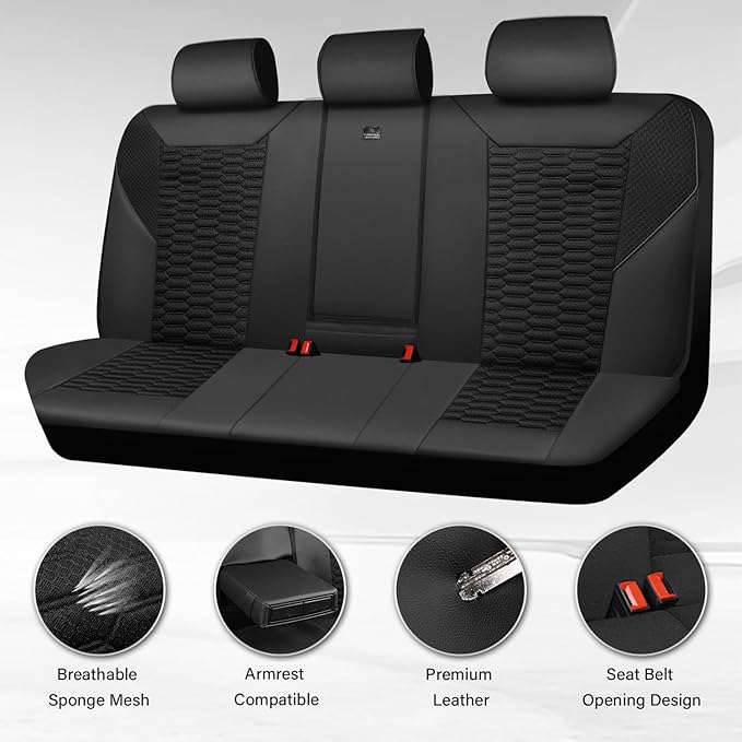 CAR PASS 3D Foam Mesh Leather Back Bench Car Seat Covers,Breathable Rear Seat Cover Universal Fit for Most Cars Sedans SUVs Vans Small Trucks 95% Automotive Backseat, Black