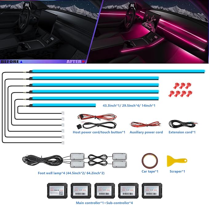 Acrylic Interior Car LED Strip Light with APP, RGB 10 in 1 with 175 inches 600 LEDs Fiber Optic Ambient Lighting Kits, 16 Million Colors Sound Active Function Car Neon LED Strip for Car