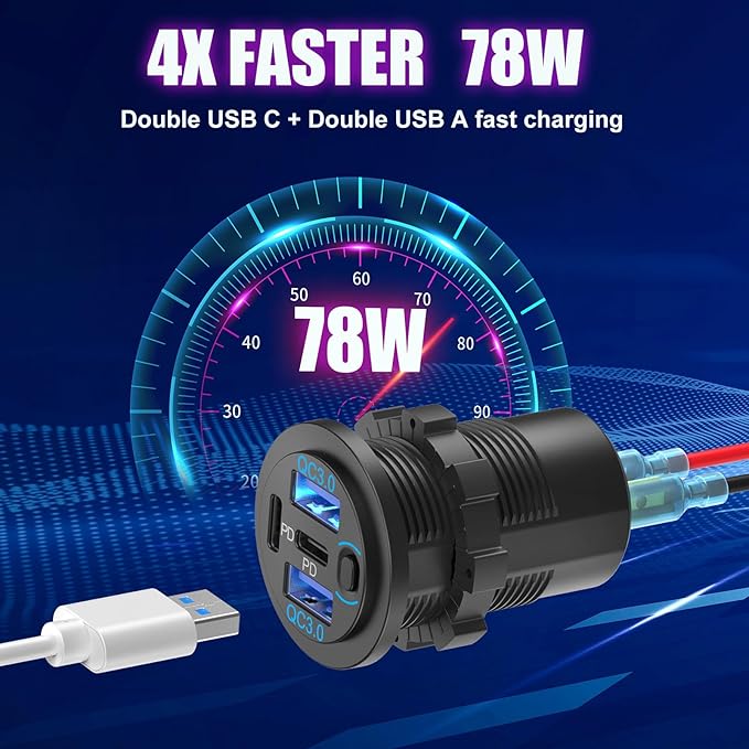 78W 4 Port 12V USB Outlet Car Charger, Super Fast Dual PD3.0 & QC3.0 Multiple USB Port for Car, USB C Cigarette Lighter Replacement 12 Volt Socket Waterproof for Marine Boat Motorcycle RV Golf Cart