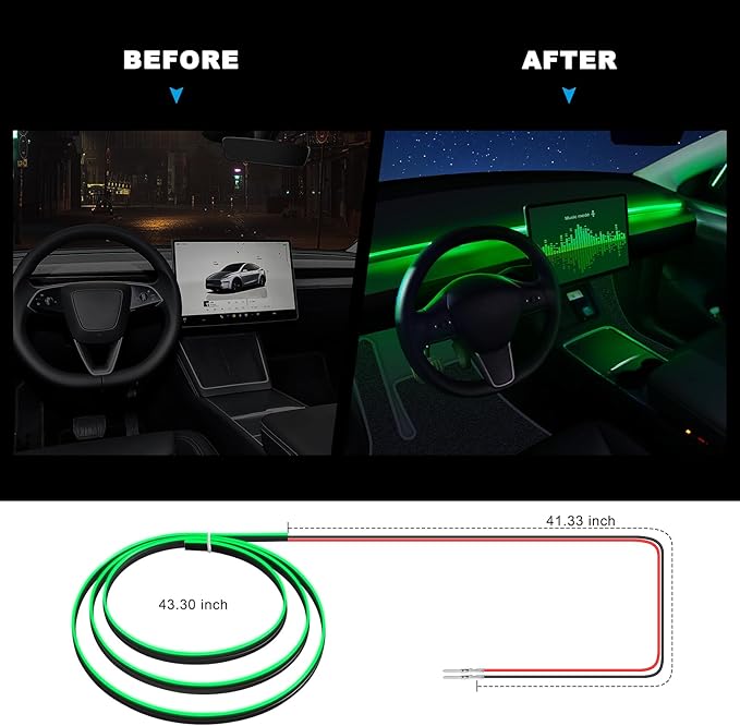 Acrylic Interior Car LED Strip Light with 6mm Sewing Edge - 43.3 inches Ambient Lighting Kits, Neon LED Strip Light(110CM/43.3IN, Green)