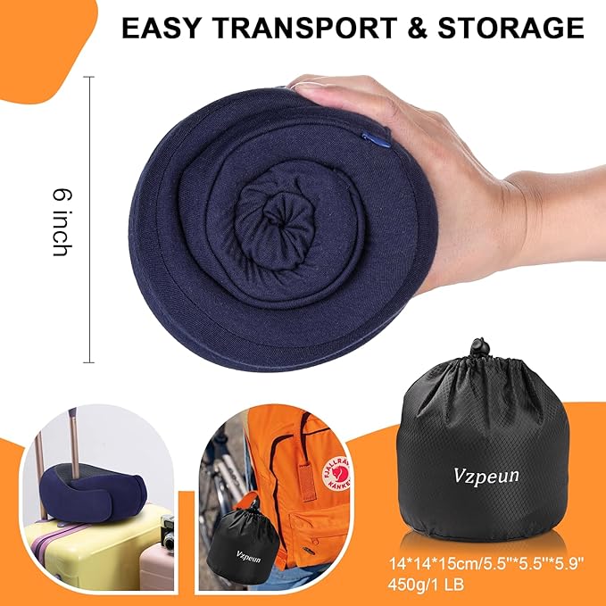 Travel Pillow - Hooded Neck Pillow Airplane Memory Foam Filling for Plane, Office, Cars Sleeping, Road Trip, Long Flights, Airplane Travel Essentials, Includes Eye Mask & Earplugs (Navy)