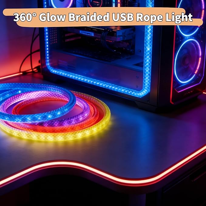 iNextStation 9.84FT/3M LED Strip Lights, 360° Glow Braided Smart IC USB Rope Light, Neon Rope Light with Music Sync, IP67 Waterproof, App & Remote Control Rope LED Lights, Color Changing for Bedroom