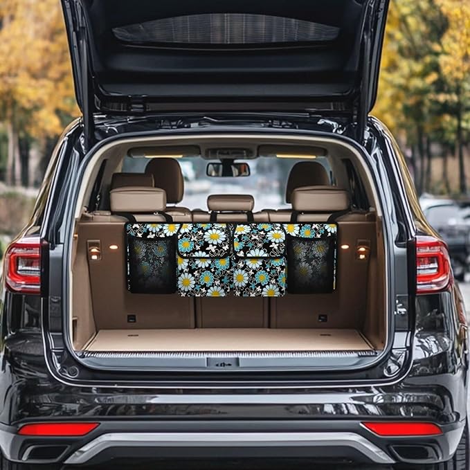 Cartoon Sunflower Print Car Trunk Organizer, Car Accessories Universal Detachable Foldable Car Back Seat Storage Bag with 4 Pockets for Most SUVs Sedans Trucks Vans