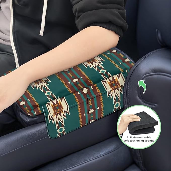 Dreaweet Aztec Arm Rest Cover for Car Thick Car Center Console Cover Pad with Pockets Green Anti-Scratch Car Armrest Cover Cushion Center Console Armrest Replacement