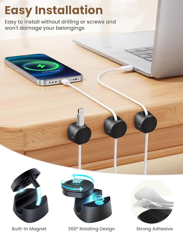 Kanemc Cable Clips Cord Holder for Desk, 360° Spin Magnetic Wire Organizer Self Adhesive Cord Management for Office Desks Cars Home Kitchen Electronic Accessory (Black, 9 PCS)