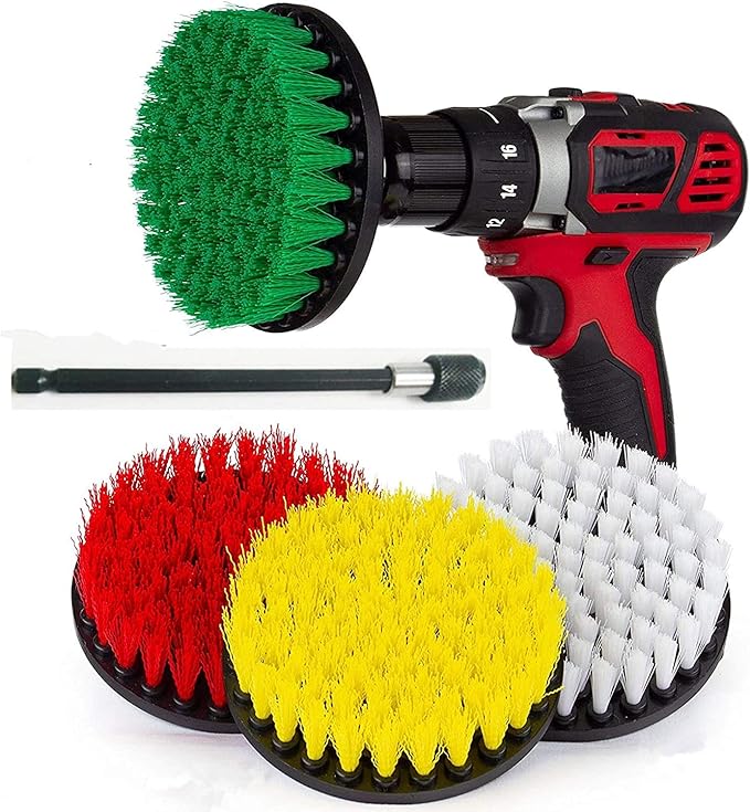 5 Piece Soft, Medium and Stiff Power Scrubbing Brush with 6 Inch Size Extender Drill Attachment for Cleaning Showers, Tubs, Bathrooms, Tile, Grout, Carpet, Tires and Boats by DrillStuff