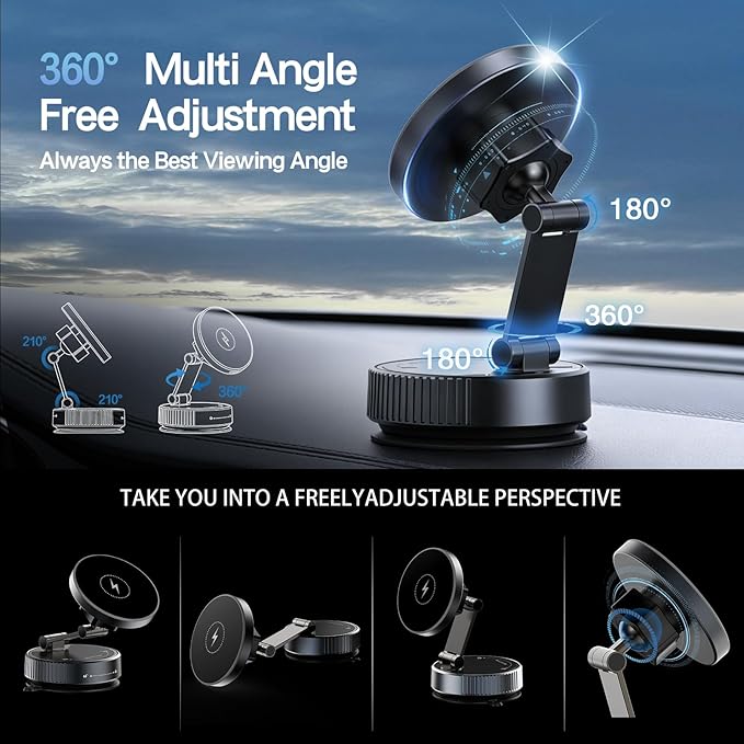 for MagSafe Car Mount Charger, 15W Wireless Car Charger Mount, Vacuum Suction Cup Magnetic Car Phone Holder for iPhone & Android, 360° Adjustable Car Phone Mount for Dashboard & Windshield
