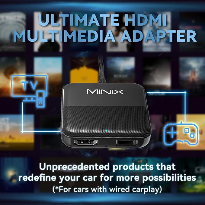 MINIX Car TV Mate Only for Cars with Factory Wired CarPlay Function HDMI Converter HDMI Multimedia Adapter for Fire TV Stick Gaming Laptop Switch Screen Throwers DVD Set-top Boxes 2.4GHz WiFi